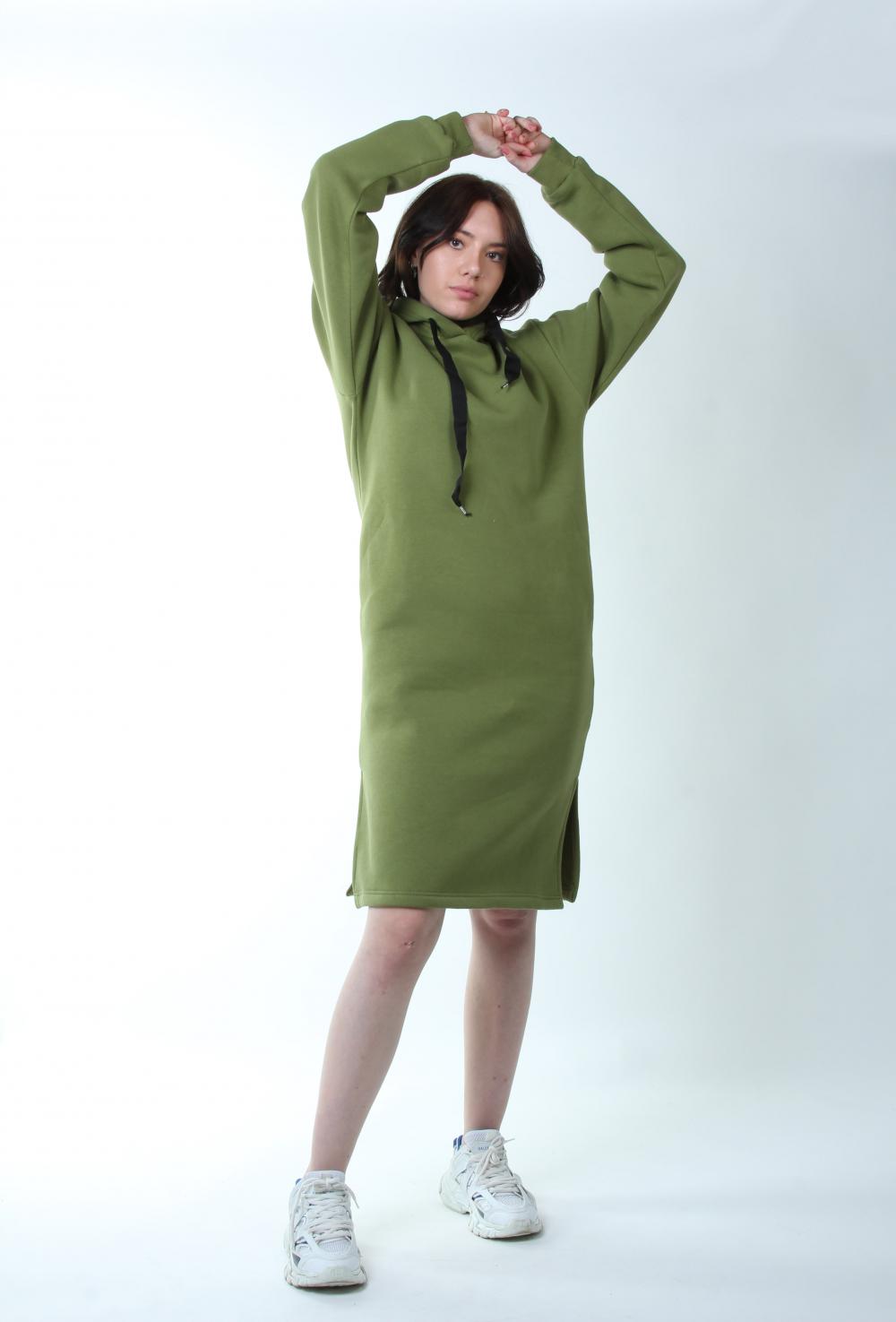 Kapşonlu Uzun Sweatshirt Elbise - Çağla Yeşili