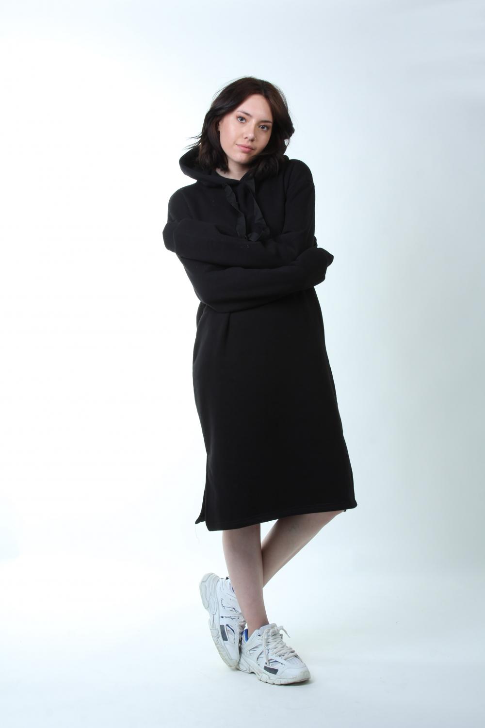 Kapşonlu Uzun Sweatshirt Elbise - Siyah