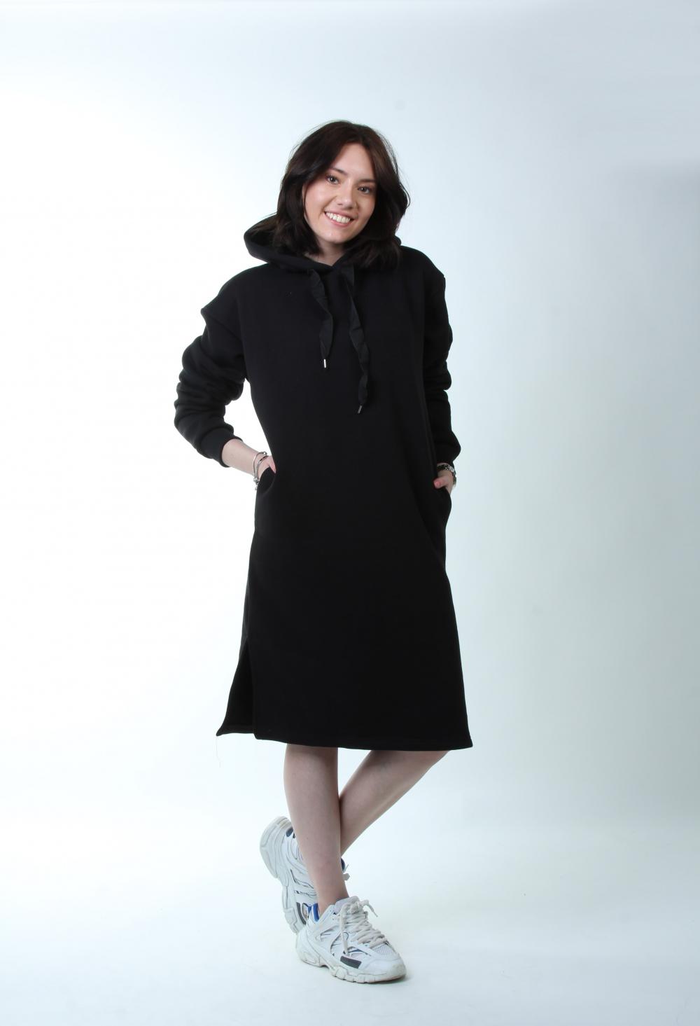 Kapşonlu Uzun Sweatshirt Elbise - Siyah
