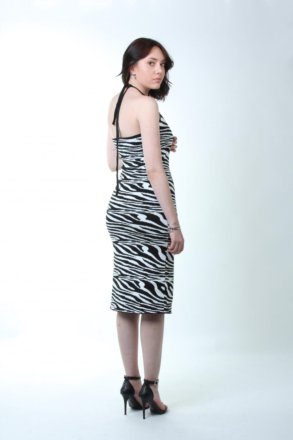 Zebra Desenli Askılı Triko Elbise - Siyah